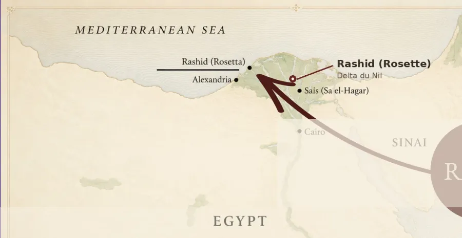 Carte éditoriale situant Rashid (Rosette) dans le delta du Nil