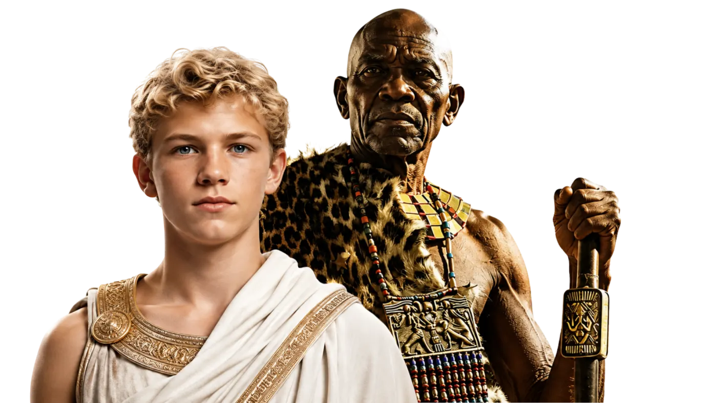 Ptolémée V et un prêtre égyptien — reconstruction visuelle